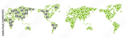 People population and floral world map. Vector collage of world map composed of scattered human and blossom elements in variable sizes. Abstract social representation of nation community cartography.