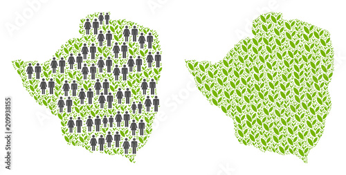 People population and flora plants Zimbabwe map. Vector collage of Zimbabwe map designed of randomized men and woman and plant items in various sizes.