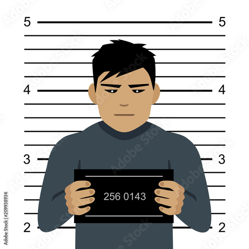 Mugshot of evil criminal, flat style vector illustration.