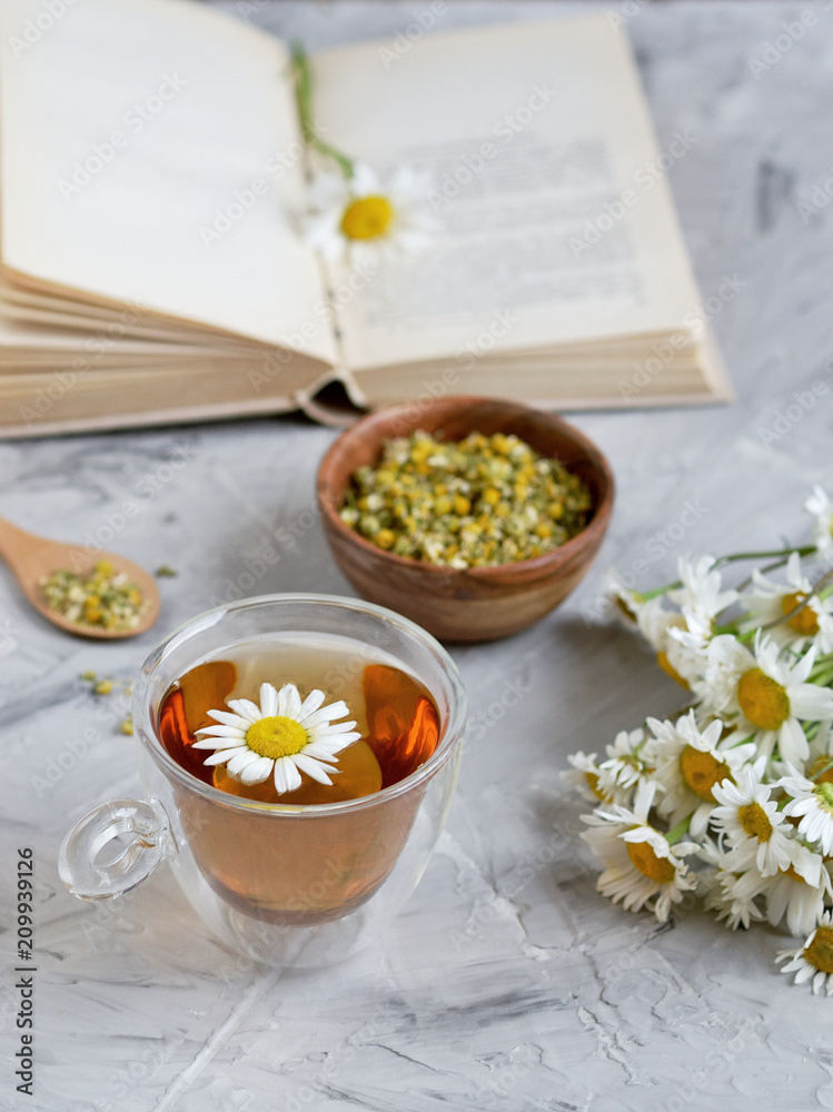 Cup of tea with chamomile flowers on gray background, book reading, free time concept Cup of tea with chamomile flowers on gray background, book reading, free time concept