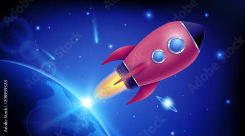 Fototapeta Naklejka Na Ścianę i Meble -  Vector illustration of realistic 3D rocket space ship launch isolated on transparent background. Space exploration. Art design startup creative idea. Abstract concept graphic element
