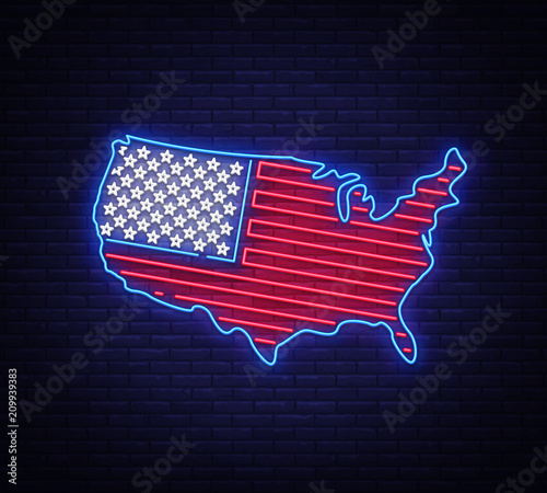 USA map and flag neon vector sign. USA map symbol banner light, bright night Illustration. Vector illustration