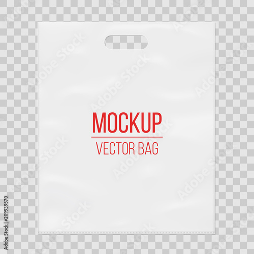 Creative vector illustration of empty blank white plastic bag isolated on transparent background. Art design realistic mockup template with place for your branding. Abstract concept graphic element