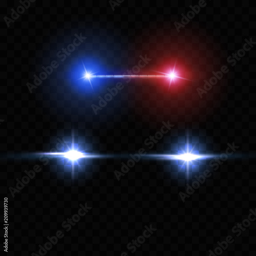 Creative vector illustration of police car silhouette headlights, blinking isolated on transparent background. Glowing headlamp. Red, blue siren lights. Art design. Abstract concept graphic element