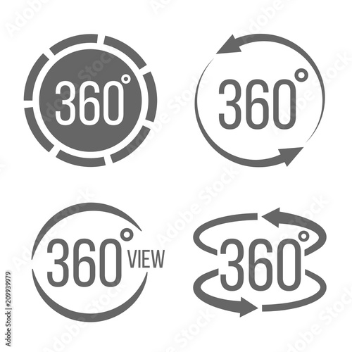 Creative vector illustration of 360 degrees view related sign set isolated on transparent background. Art design. Abstract concept graphic rotation arrows, panorama, virtual reality helmet element