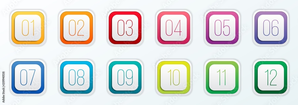 Creative vector illustration of number bullet points set 1 to 12 isolated on transparent background. Art design. Flat color gradient web icons template. Abstract concept graphic element Creative vector illustration of number bullet points set 1 to 12 isolated on transparent background. Art design. Flat color gradient web icons template. Abstract concept graphic element