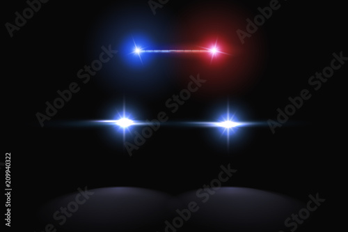 Creative vector illustration of police car silhouette headlights, blinking isolated on transparent background. Glowing headlamp. Red, blue siren lights. Art design. Abstract concept graphic element