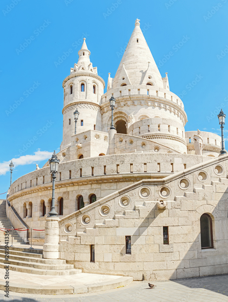 A panoramic close-up view of the fisherman bastion, that is one of the most popular attraction in Budapest, Hungary