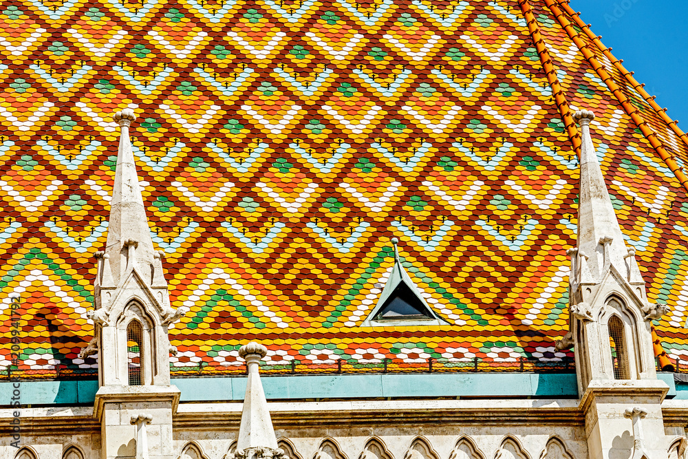 Traditional hungarian Roof tiles on the St. Matthias Cathedral in Budapest