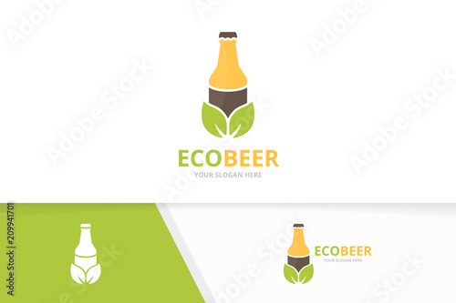 Vector bottle and leaf logo combination. Beer and eco symbol or icon. Unique alcohol and organic logotype design template.