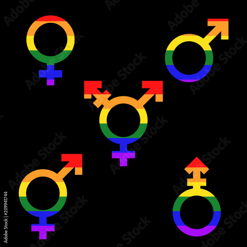 Set of female, male, transgender, bigender and androgyne symbols flat vector icons.