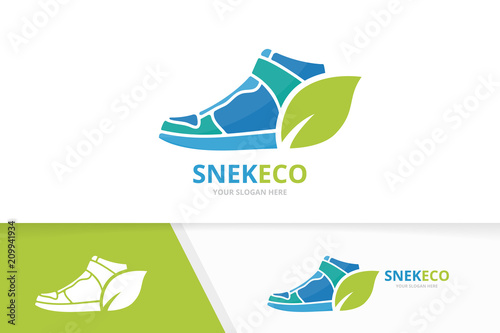 Vector sneaker and leaf logo combination. Shoe and eco symbol or icon. Unique footwear and organic logotype design template.