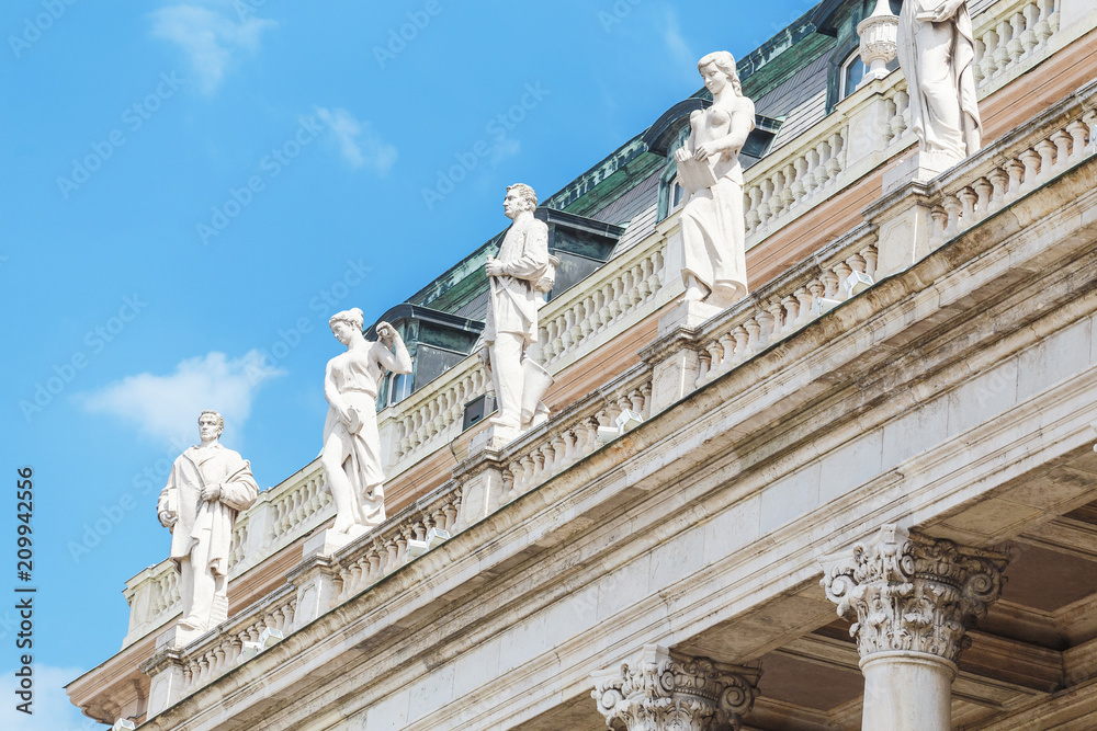 Close-up view of row of statues in a royal palace in Budapest