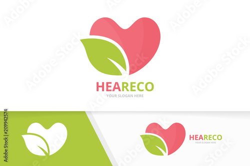 Vector heart and leaf logo combination. Love and eco symbol or icon. Unique romantic and organic logotype design template.