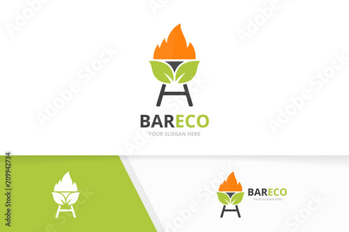 Vector bbq and leaf logo combination. Grill and eco symbol or icon. Unique barbecue and organic logotype design template.