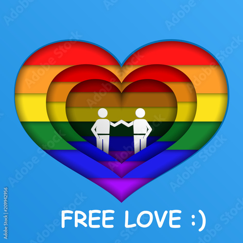 Hearts in rainbow colors in paper cut style vector illustration. Free love concept.