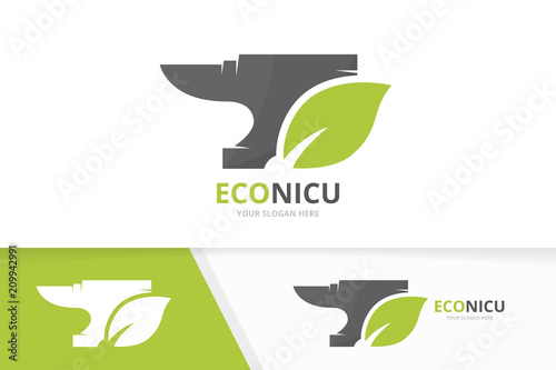 Vector smith and leaf logo combination. Blacksmith and eco symbol or icon. Unique metal and organic logotype design template.