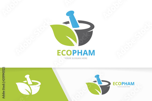 Vector pharmacy and leaf logo combination. Pounder and eco symbol or icon. Unique mortar and pestle logotype design template.