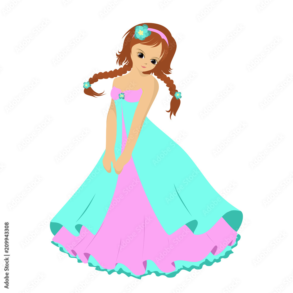 girl with two pigtails in blue pink lush dress, vector girl with two pigtails in blue pink lush dress, vector