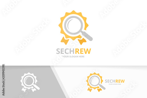 Vector reward and loupe logo combination. Trophy and magnifying symbol or icon. Unique medal and search logotype design template.