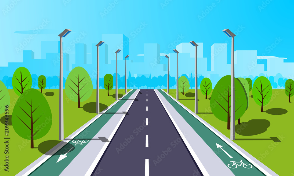 Straight empty road through the countryside with bike lane. Summer  landscape vector illustration. Stock Vector | Adobe Stock