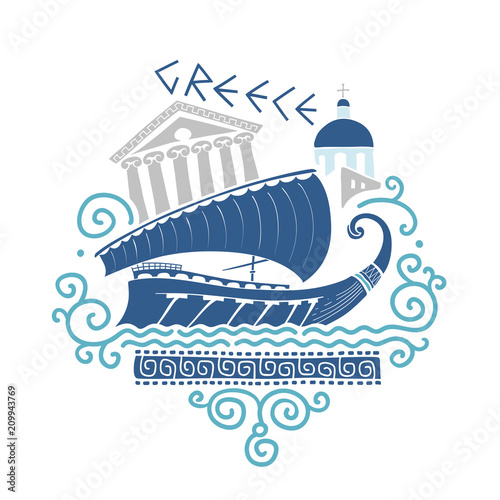 Vector Illustration on Greek Culture with Ancient Ship, Architecture and Ornament