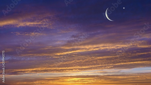 Crescent moon with Stars . Crescent moon with beautiful sunset background . Generous Ramadan .  new moon . 