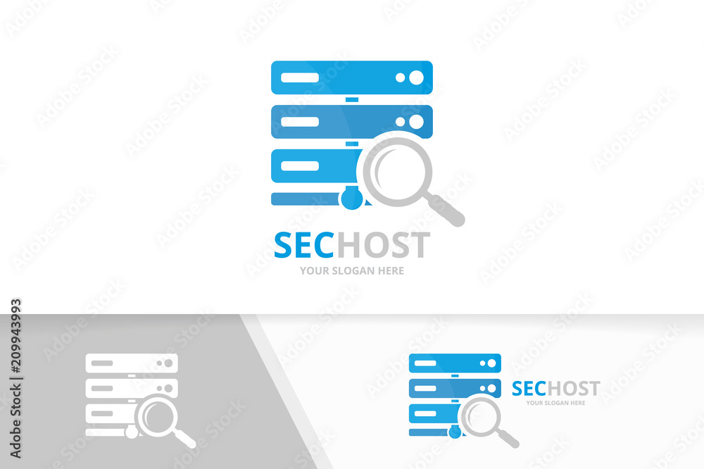 Vector host and loupe logo combination. Server and magnifying symbol or icon. Unique data and search logotype design template. Vector host and loupe logo combination. Server and magnifying symbol or icon. Unique data and search logotype design template.