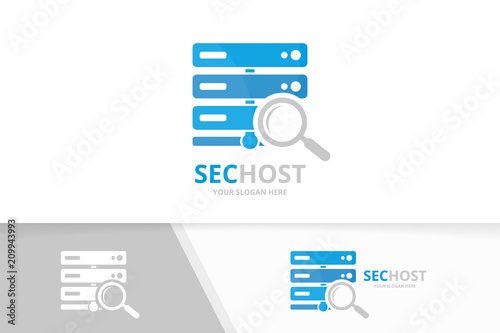 Vector host and loupe logo combination. Server and magnifying symbol or icon. Unique data and search logotype design template.
