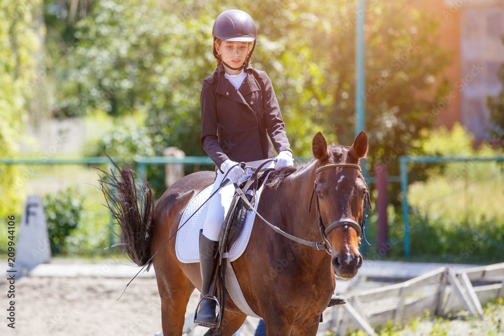 Teenage girl riding bay horse performing dressage test on equestrian competition Teenage girl riding bay horse performing dressage test on equestrian competition