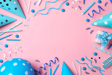 Flat lay composition with birthday party items on color background
