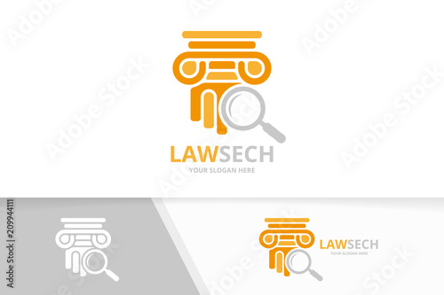 Vector column and loupe logo combination. Pillar and magnifying symbol or icon. Unique history and search logotype design template.