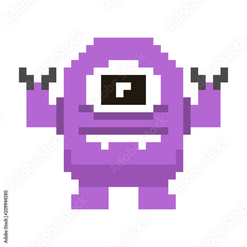 Pixel purple monster on white background.