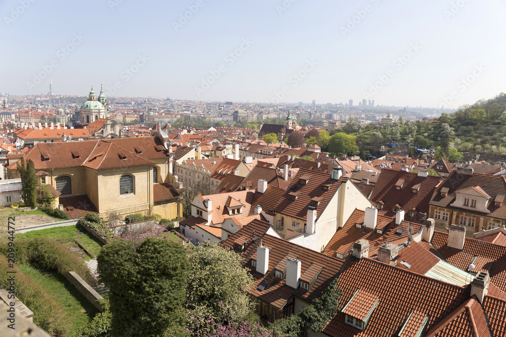 View on the spring Prague City with the green Nature and flowering Trees, Czech Republic