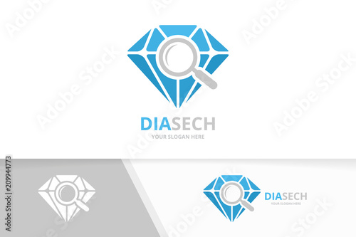 Vector diamond and loupe logo combination. Jewelry and magnifying symbol or icon. Unique gem and search logotype design template.