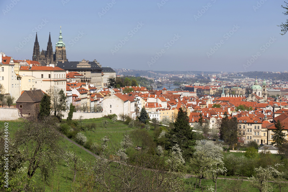 View on the spring Prague City with the green Nature and flowering Trees, Czech Republic View on the spring Prague City with the green Nature and flowering Trees, Czech Republic