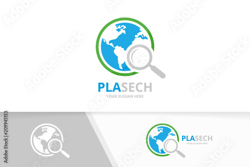 Vector world and loupe logo combination. Earth and magnifying symbol or icon. Unique globe and search logotype design template.