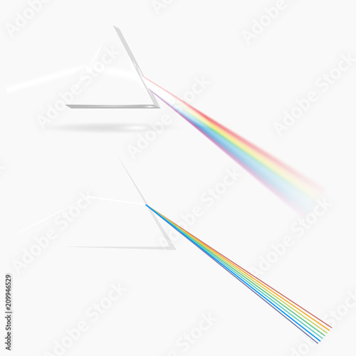 Spectrum prism picture. Transparent optical element, triangular prism dispersing a beam of white light, rainbow wavelengths