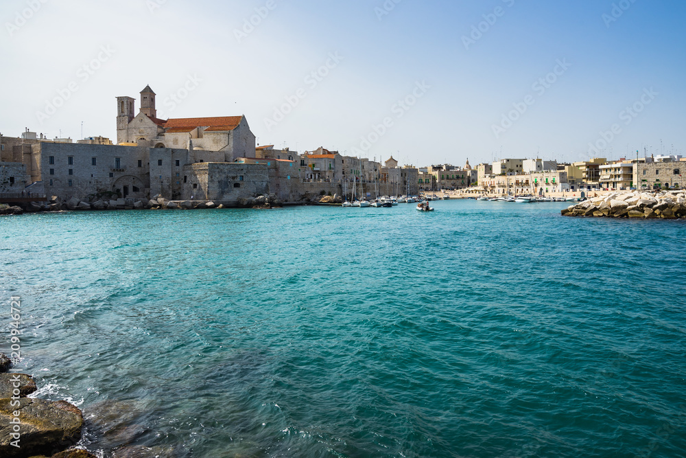 Seascape with Giovinazzo harbour and the old town dominated by the Cathedral, Apulia, Italy
