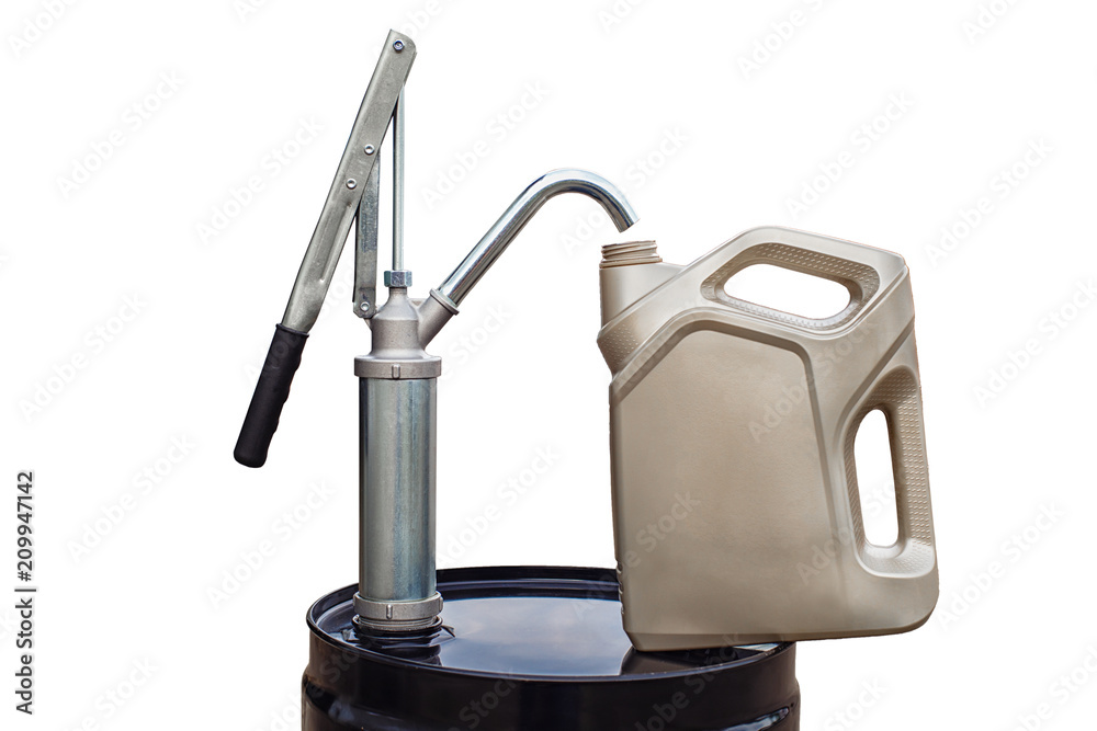 metal barrel with pump and canister on white background metal barrel with pump and canister on white background