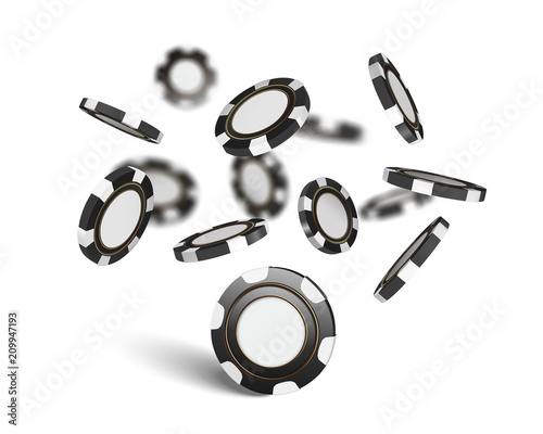 Vector Casino chips, isolated on white. Casino game 3D chips. Online casino banner. Black realistic chip. Gambling concept, poker mobile app icon. Chips falling in the air