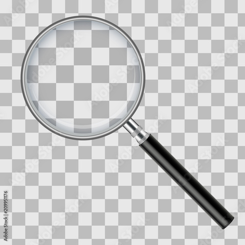 Realistic magnifying glass isolated on transparent checkered background. Vector illustration.