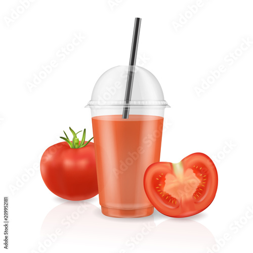 Vector realistic 3d clear plastic disposable transparent cup with pipe. Fresh red tomato smoothie or juice. Mug of vegetable organic shake, cocktail. Vegetarian healthy natural food. Closeup Isolated