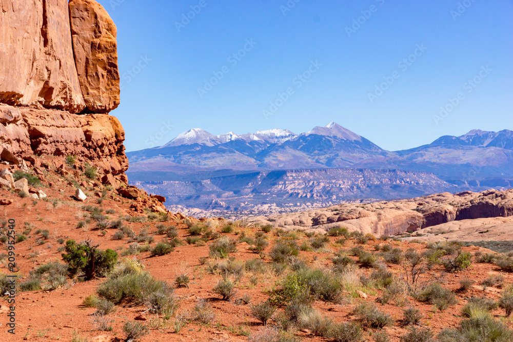 Scenic view of Snow capped La Sal Mountains from Arches National Park