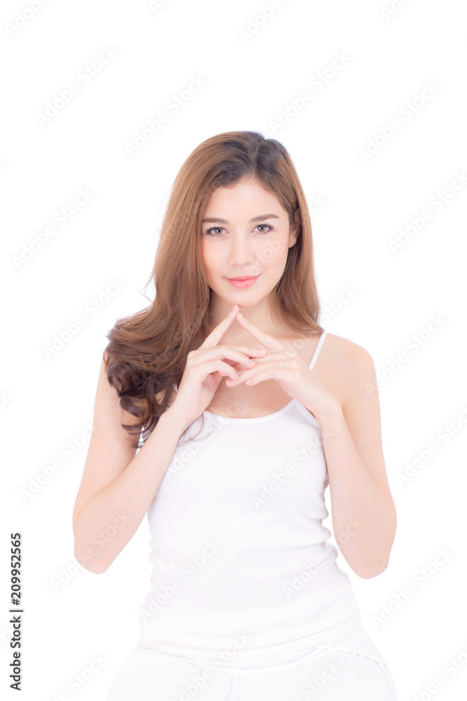 Portrait of beautiful woman makeup of cosmetic, girl hand touch chin and smile attractive, face of beauty perfect with wellness isolated on white background with skin healthcare concept. Portrait of beautiful woman makeup of cosmetic, girl hand touch chin and smile attractive, face of beauty perfect with wellness isolated on white background with skin healthcare concept.