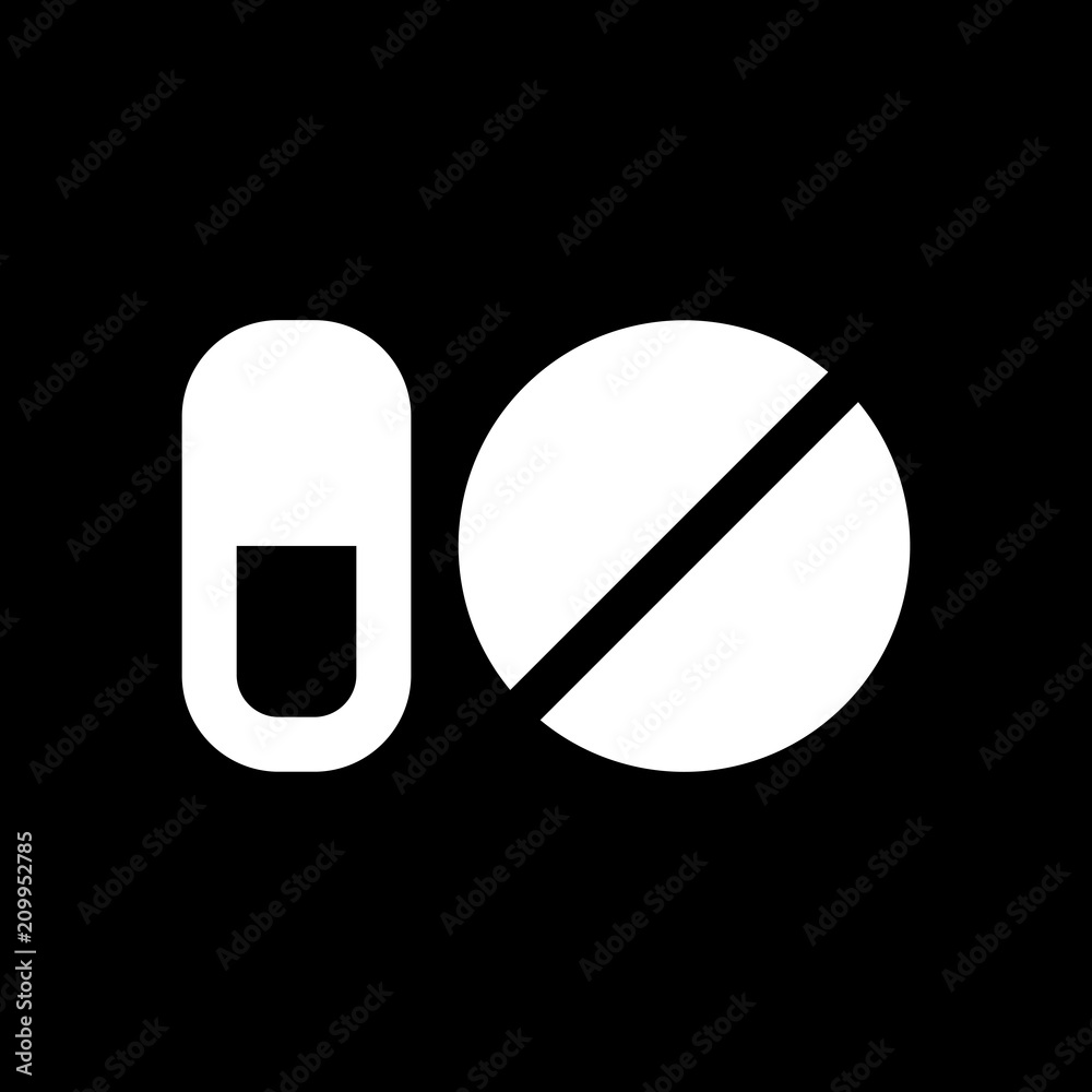 simple symbols of pills or vitamins. White icon on black backgro simple symbols of pills or vitamins. White icon on black backgro