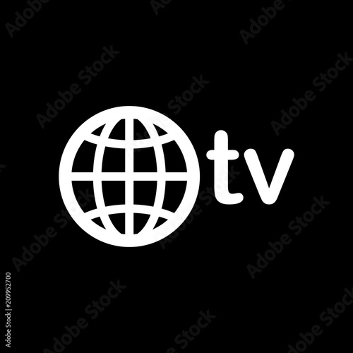 domain for media and television, globe and tv. White icon on bla