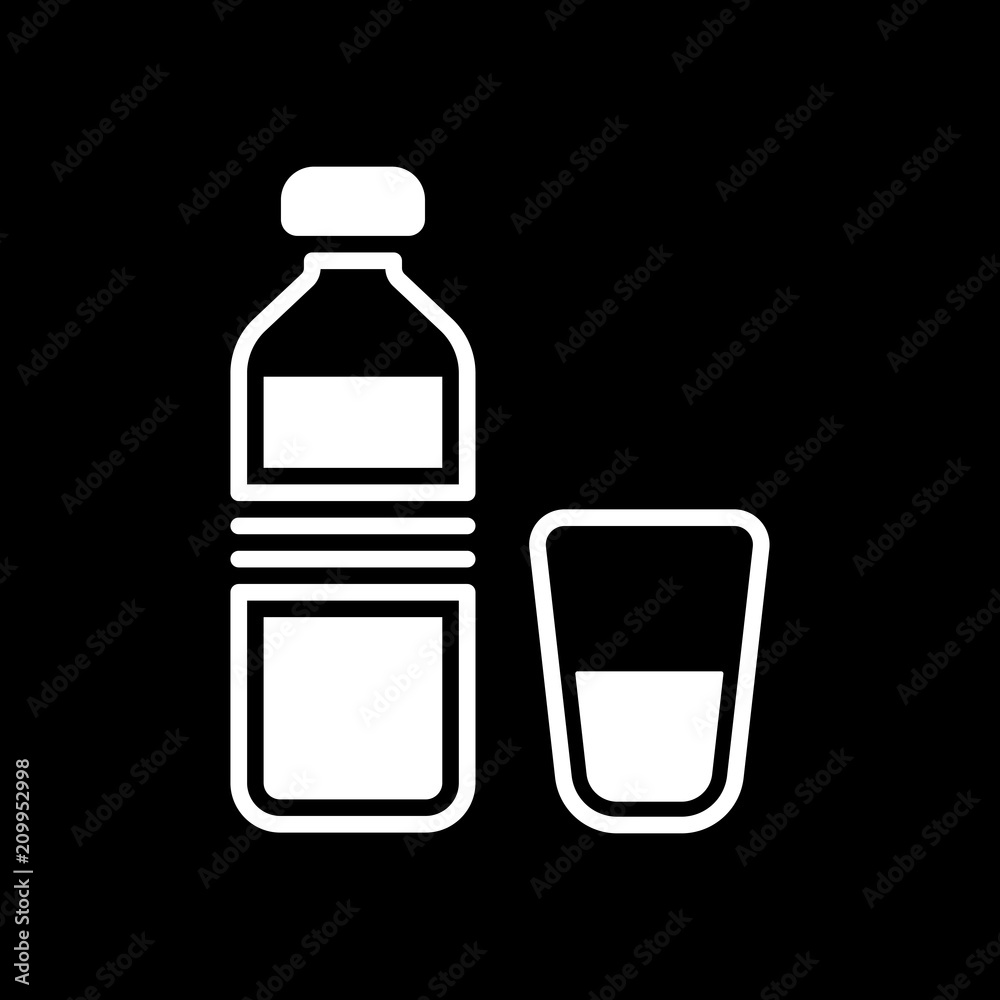 bottle of water and glass cup. simple icon. White icon on black bottle of water and glass cup. simple icon. White icon on black