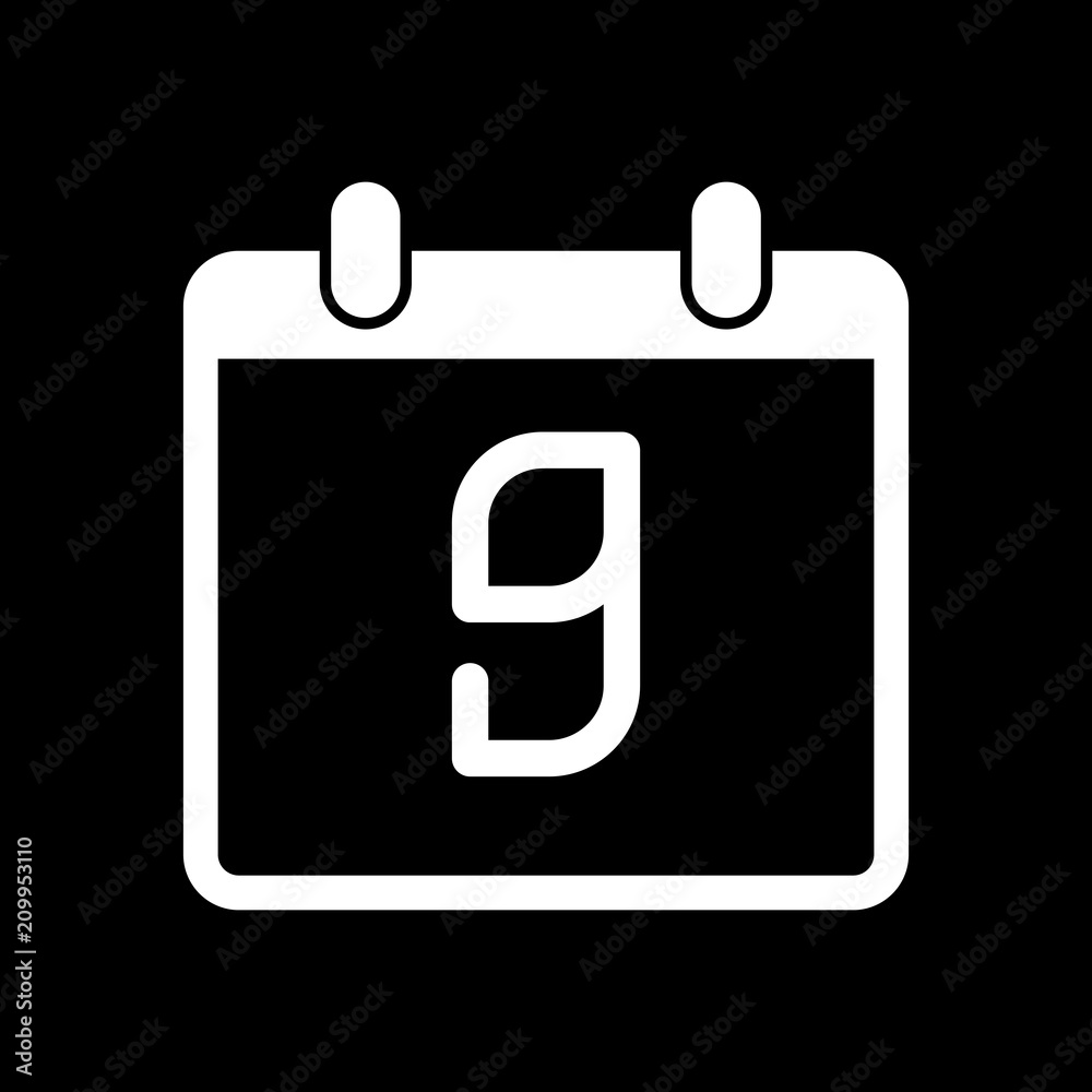 calendar with 9 day, simple icon. White icon on black background calendar with 9 day, simple icon. White icon on black background