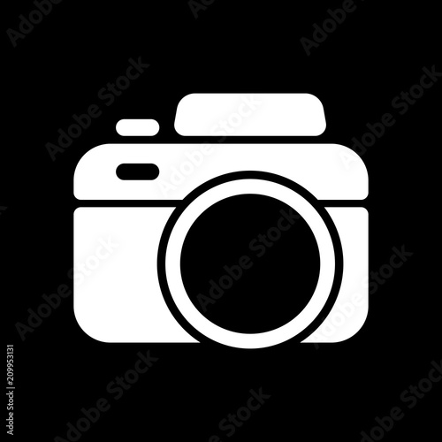 Photo camera, simple icon. White icon on black background. Inver